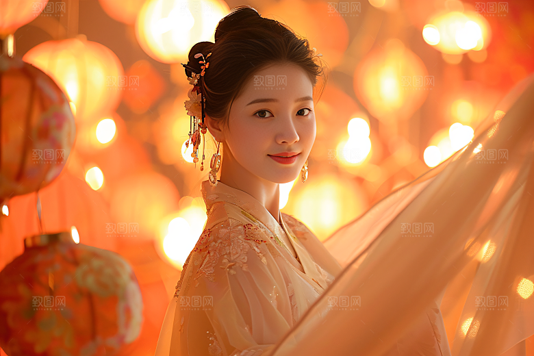 锦鲤汉服美女古风唯美素材