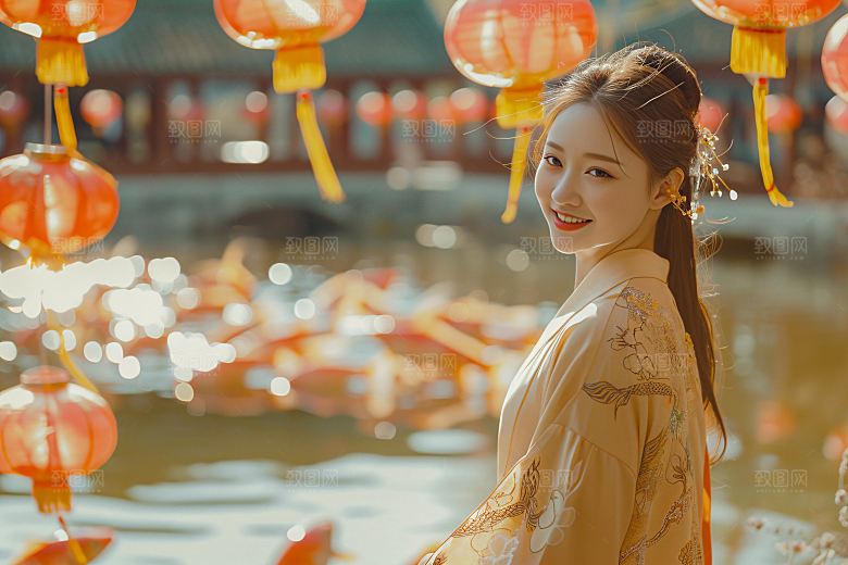 锦鲤汉服美女唯美高清素材