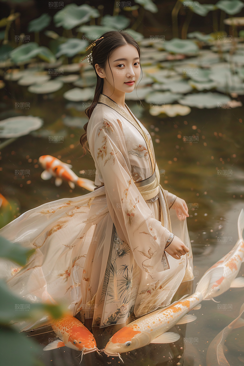 锦鲤汉服美女人像传统素材