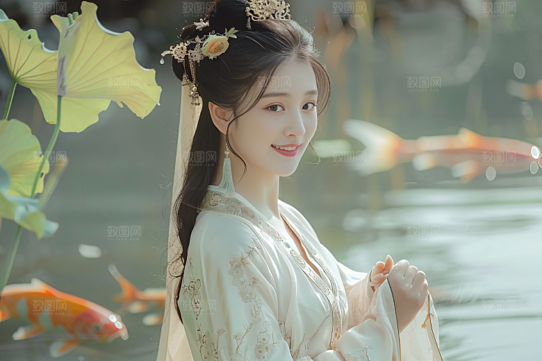 锦鲤汉服美女中国风金鱼素材