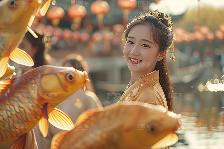 锦鲤汉服美女优雅精致素材
