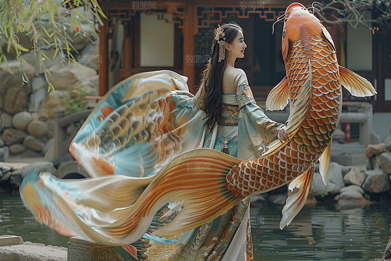 锦鲤汉服美女传统古风素材