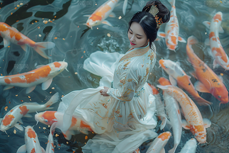 锦鲤汉服美女传统肖像素材