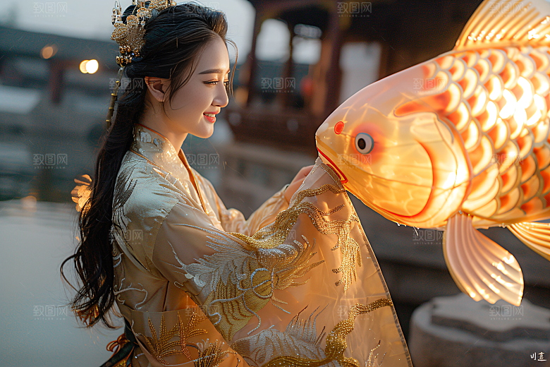 锦鲤汉服美女优雅古风素材