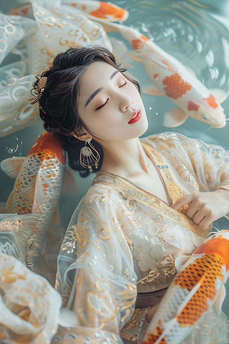 锦鲤汉服美女唯美人像素材
