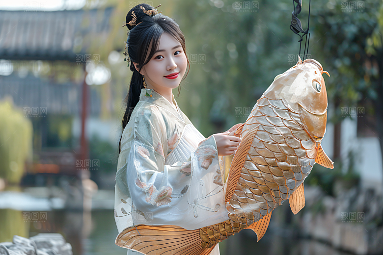 锦鲤汉服美女吉祥中国风素材