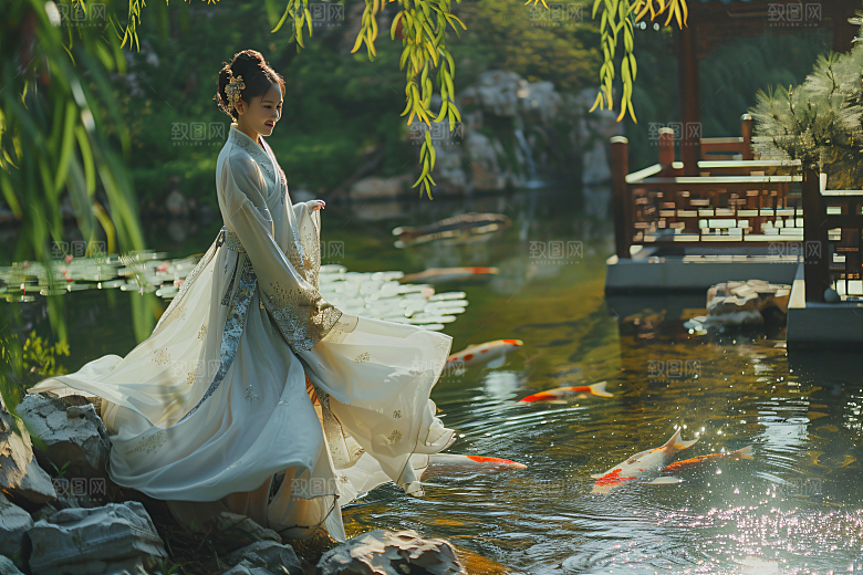 锦鲤汉服美女吉祥中国风素材