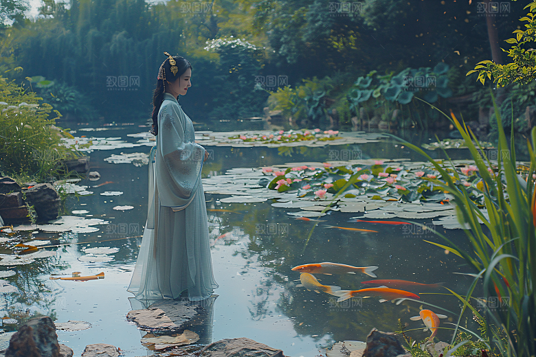 锦鲤汉服美女吉祥传统素材