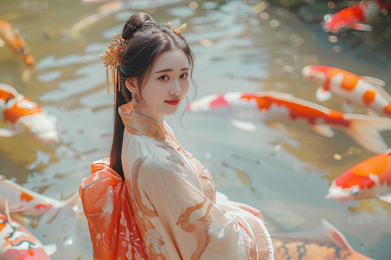 锦鲤汉服美女肖像唯美素材