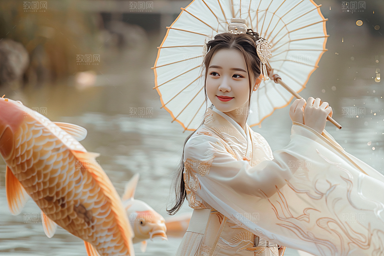 锦鲤汉服美女古风精致素材