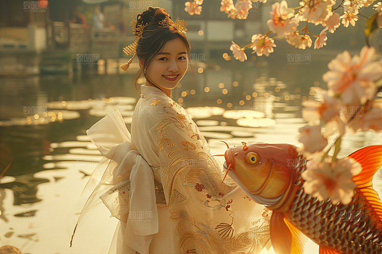 锦鲤汉服美女精致传统素材