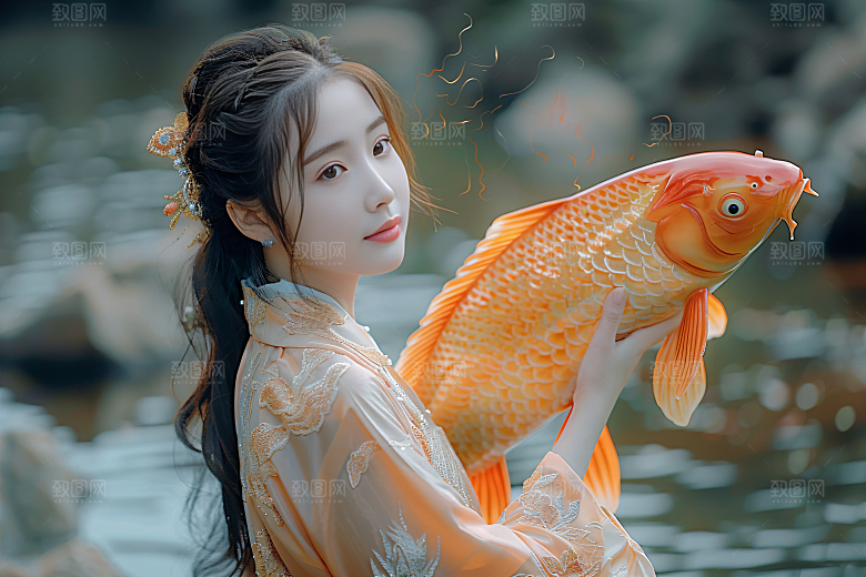 锦鲤汉服美女优雅金鱼素材