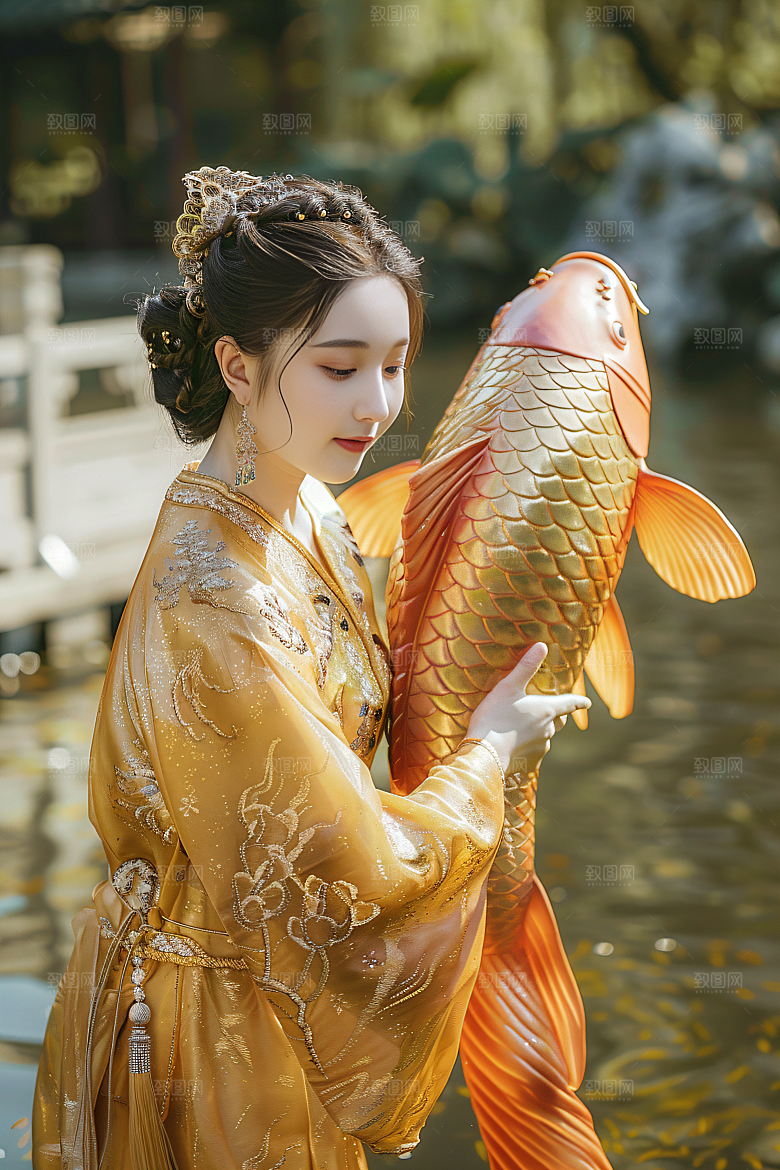 锦鲤汉服美女金鱼优雅素材