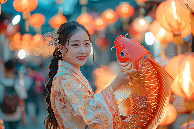 锦鲤汉服美女中国风古风素材