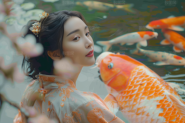 锦鲤汉服美女传统高清素材