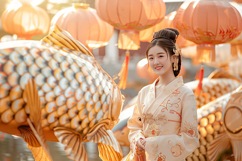 锦鲤汉服美女传统唯美素材