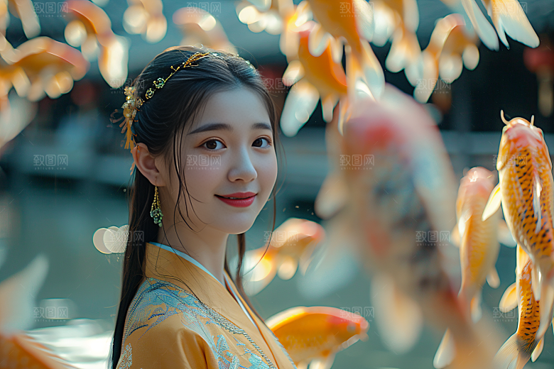 锦鲤汉服美女高清唯美素材