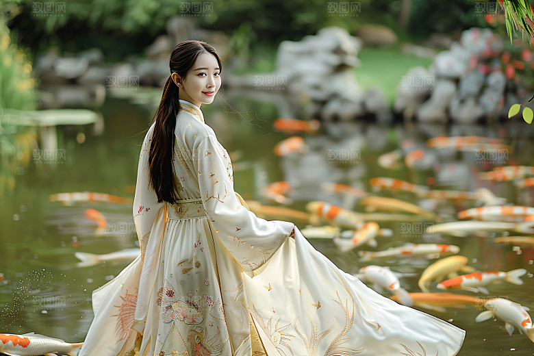 锦鲤汉服美女吉祥唯美素材