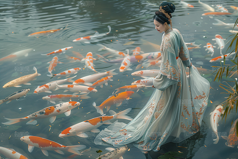 锦鲤汉服美女肖像吉祥素材