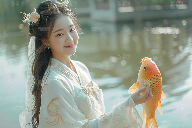 锦鲤汉服美女唯美古风素材