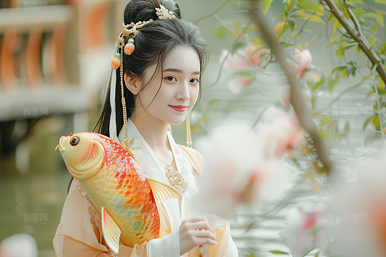 锦鲤汉服美女唯美金鱼素材