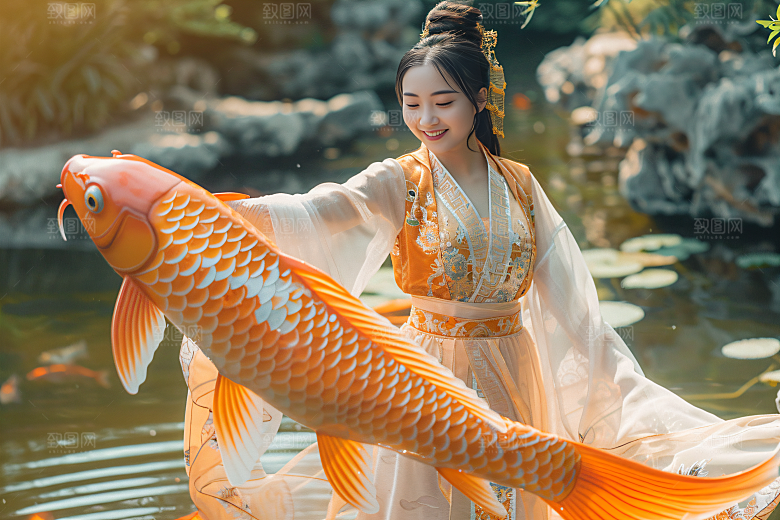 锦鲤汉服美女精致吉祥素材