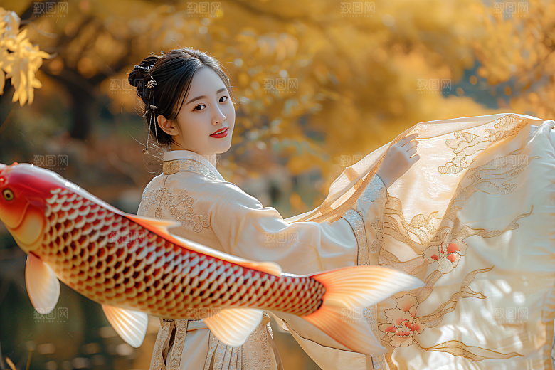 锦鲤汉服美女金鱼优雅素材