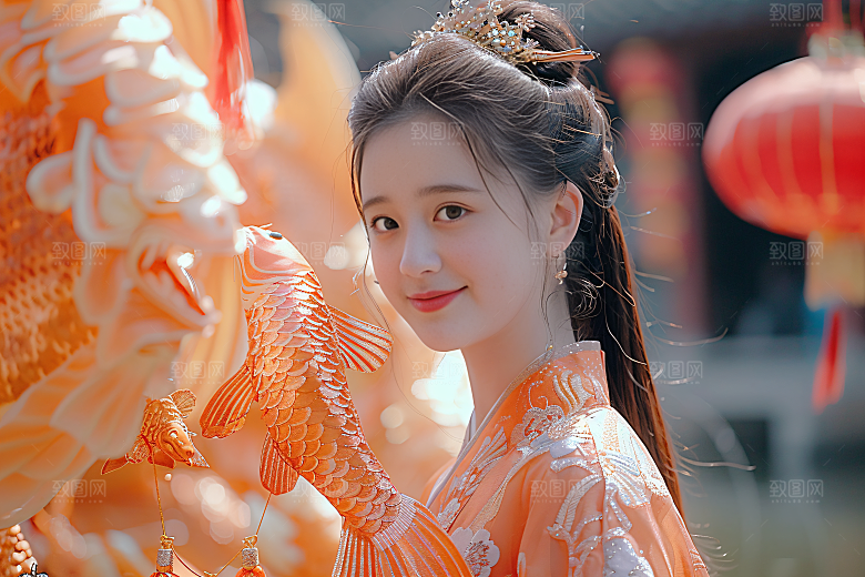 锦鲤汉服美女古风人像素材