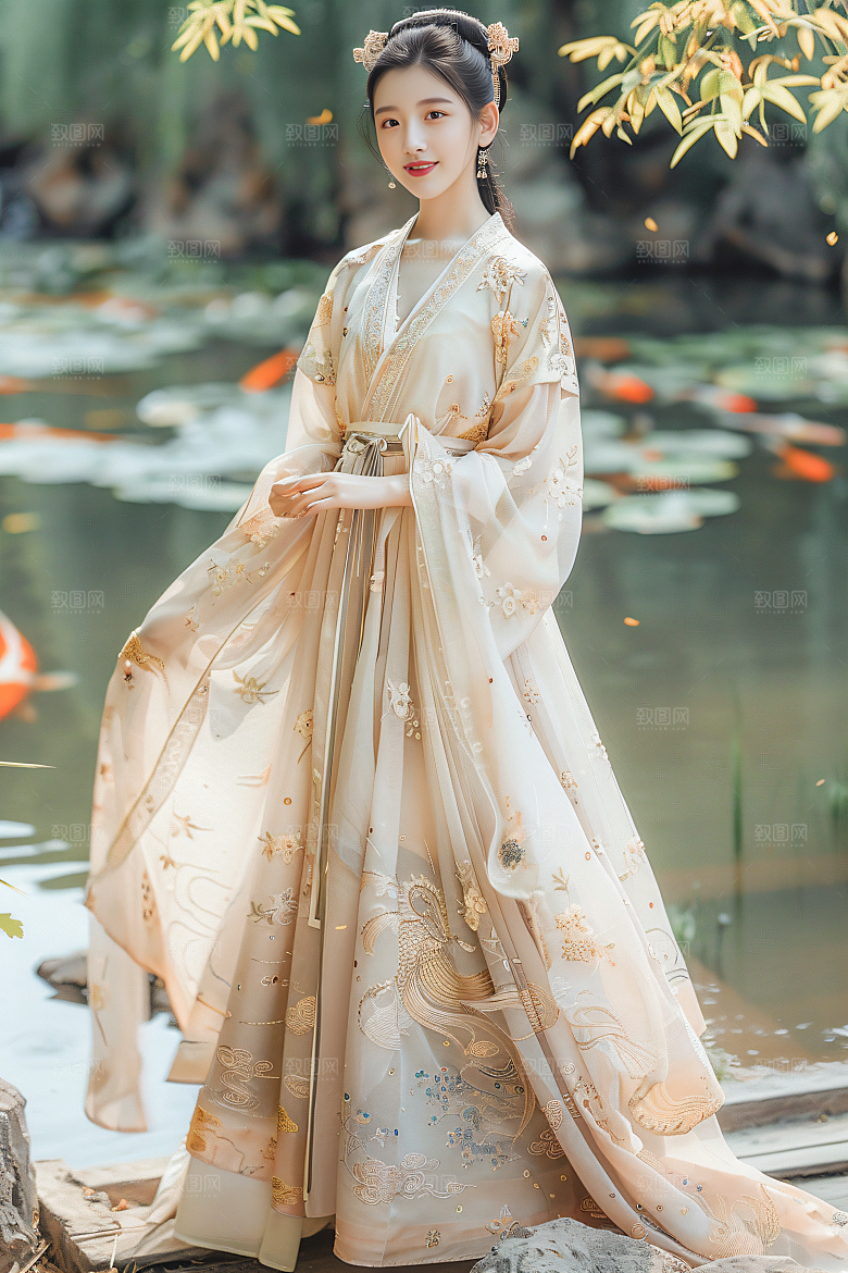 锦鲤汉服美女金鱼高清素材