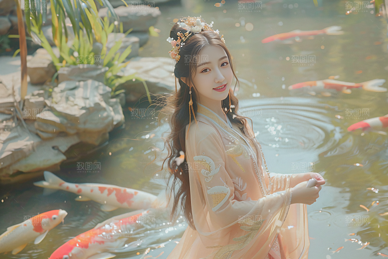 锦鲤汉服美女中国风金鱼素材