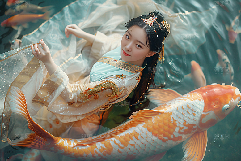 锦鲤汉服美女金鱼传统素材