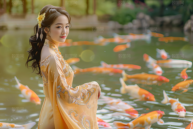 锦鲤汉服美女古风唯美素材