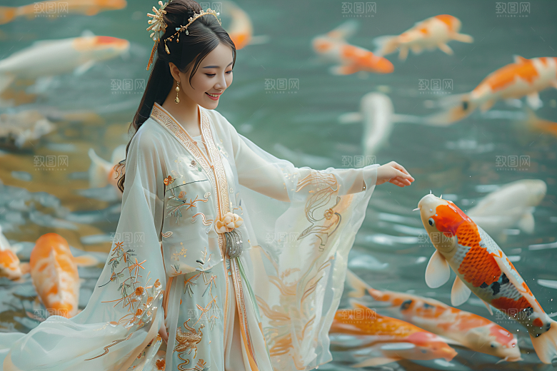 锦鲤汉服美女肖像优雅素材