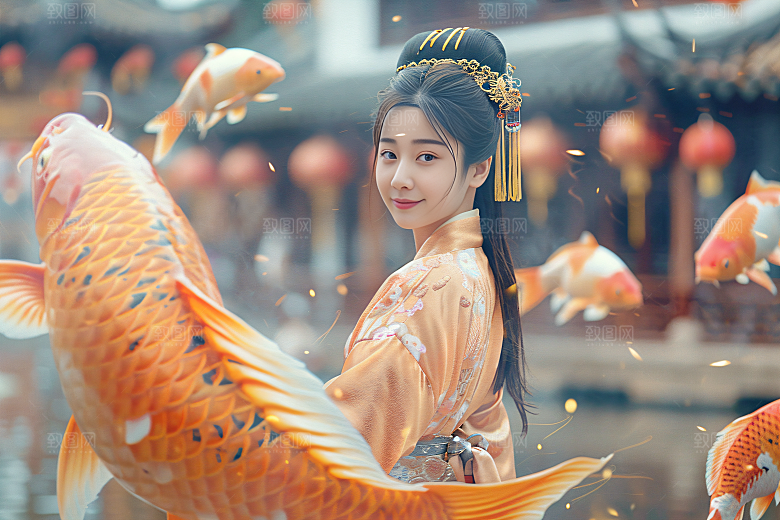 锦鲤汉服美女吉祥中国风素材