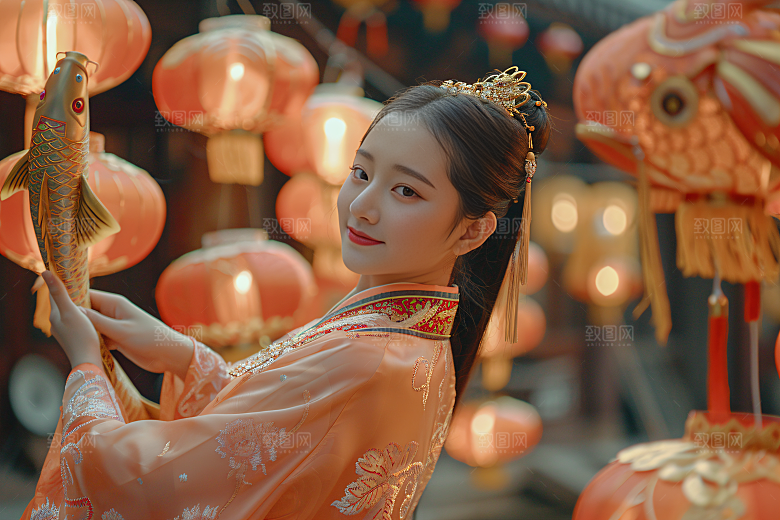 锦鲤汉服美女唯美金鱼素材