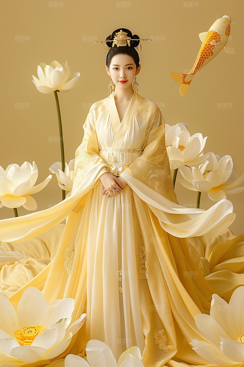 锦鲤汉服美女古风传统素材