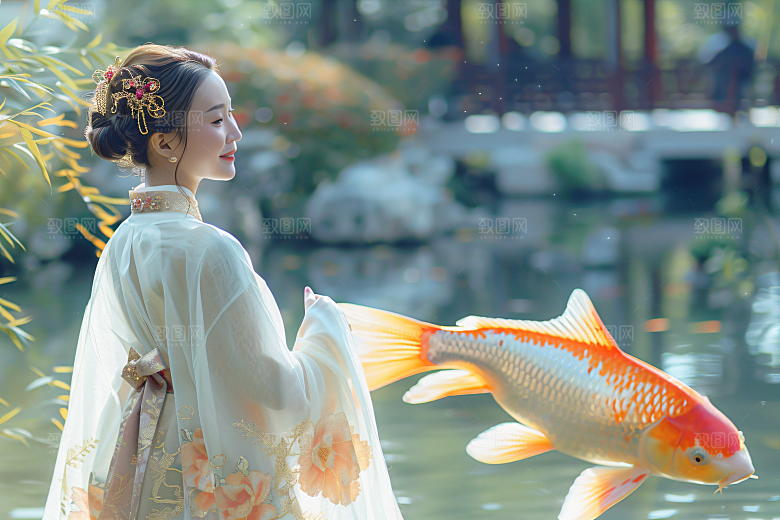 锦鲤汉服美女中国风金鱼素材