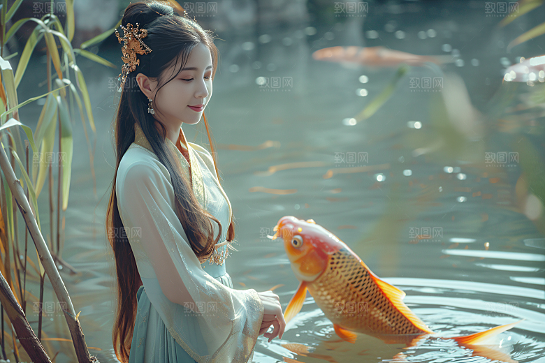 锦鲤汉服美女古风唯美素材