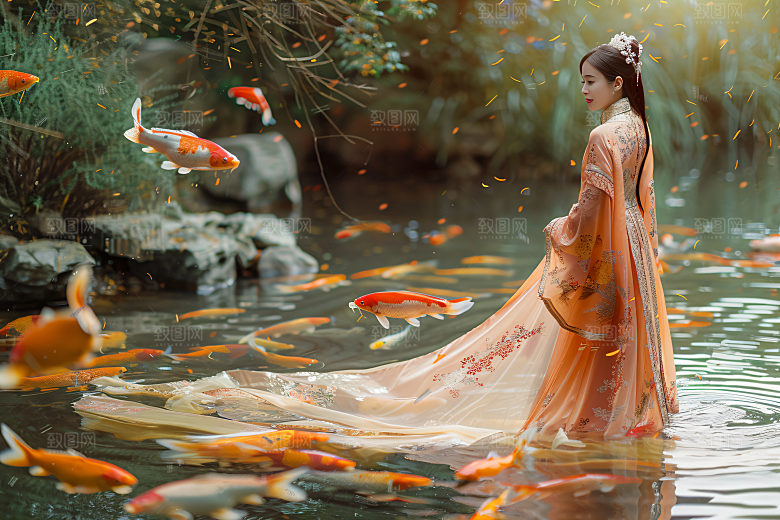 锦鲤汉服美女吉祥优雅素材