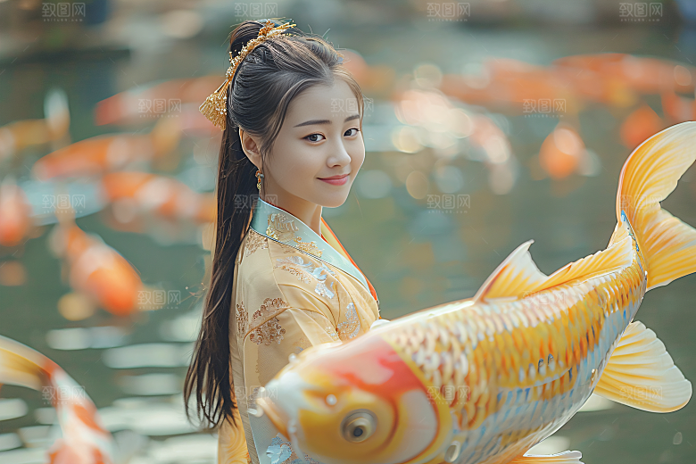 锦鲤汉服美女古风唯美素材