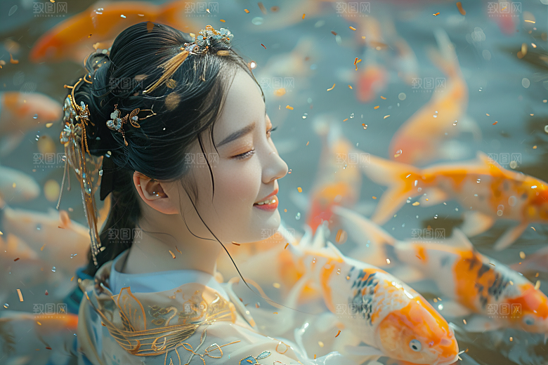 锦鲤汉服美女中国风优雅素材
