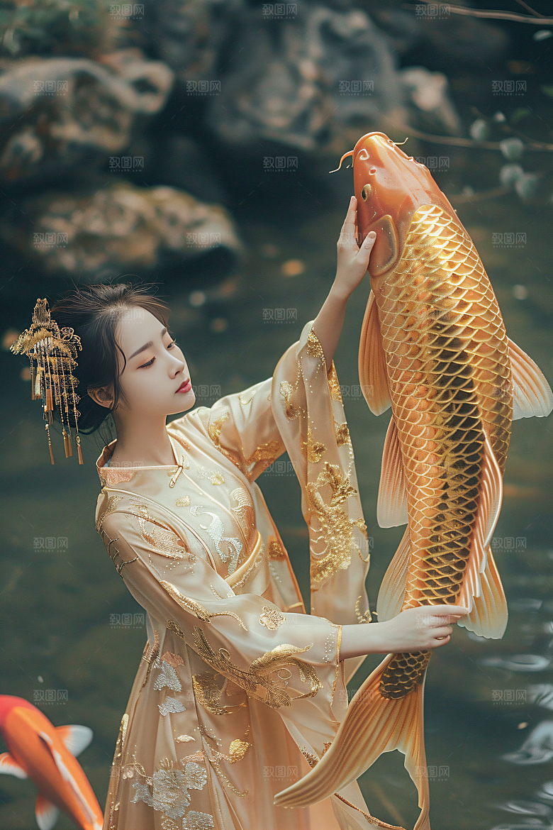 锦鲤汉服美女高清肖像素材