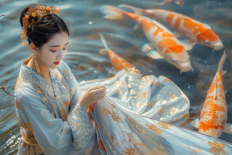 锦鲤汉服美女传统肖像素材