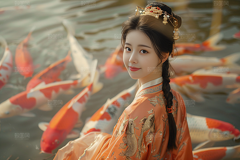 锦鲤汉服美女古风优雅素材