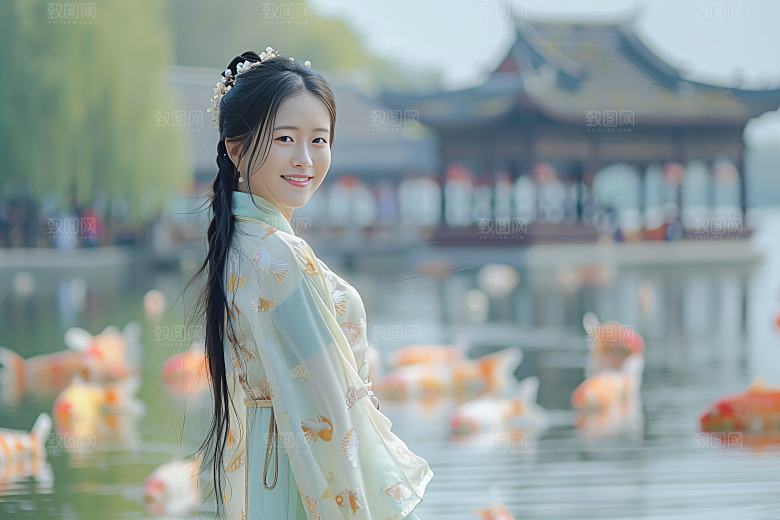锦鲤汉服美女高清肖像素材