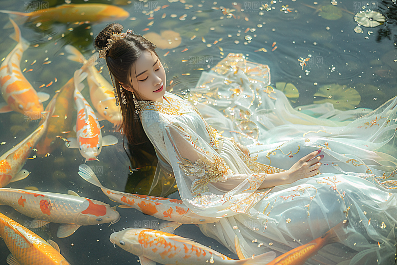 锦鲤汉服美女高清唯美素材