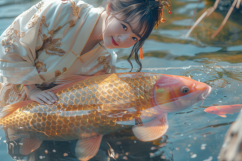 锦鲤汉服美女古风唯美素材