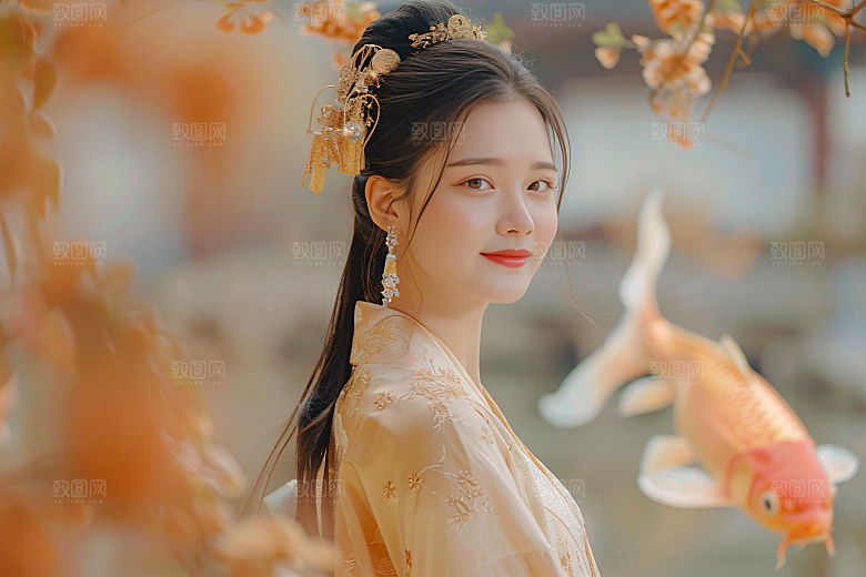 锦鲤汉服美女唯美中国风素材