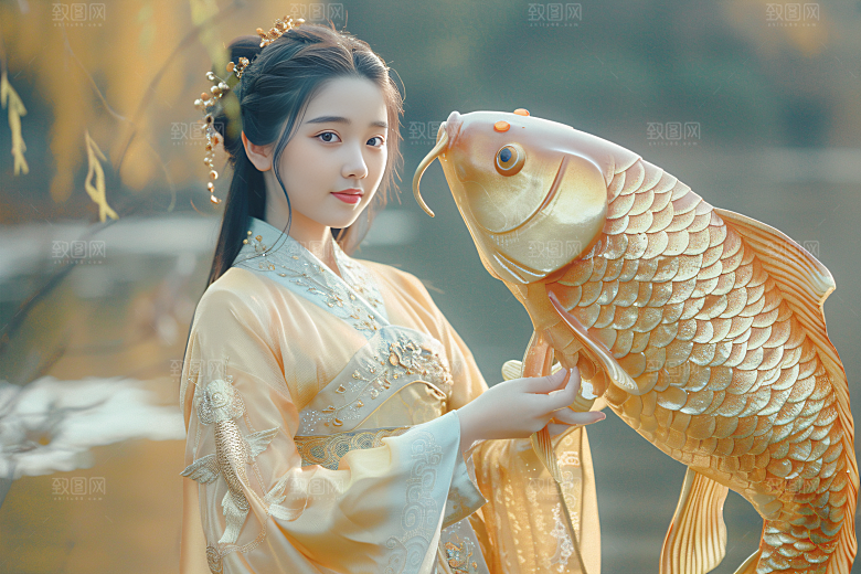 锦鲤汉服美女优雅古风素材
