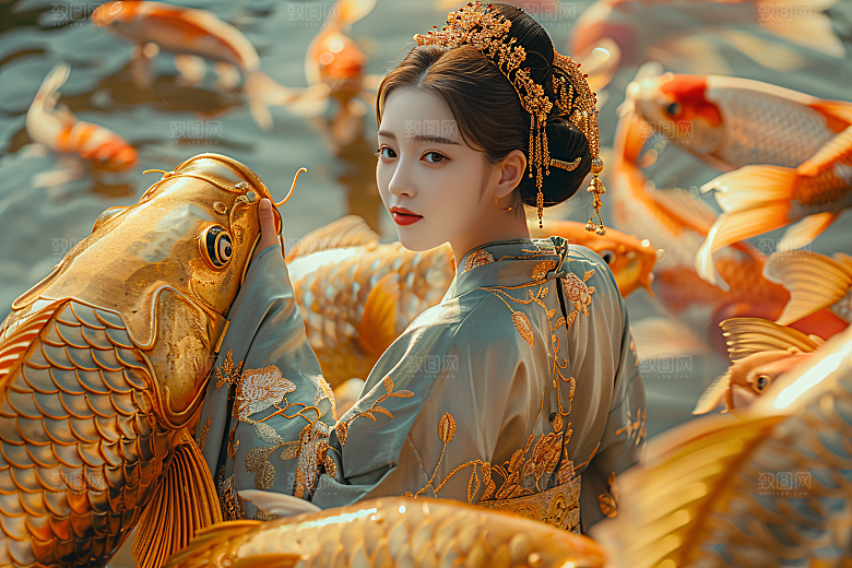 锦鲤汉服美女精致中国风素材